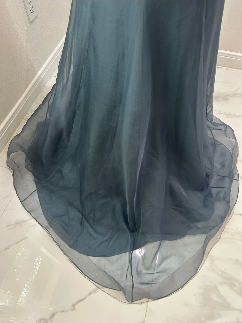 Lela Rose Slate Blue Evening Gown with Ruffled V-Neck, 100% Silk Organza Dress - Picture 10 of 15